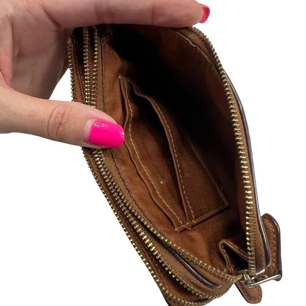 Coach Signature Brown Coated Canvas Double Zip Corner Wristlet Clutch Brown Tan - Picture 7 of 10